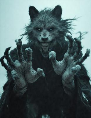The primary subject of the image is a wolf with a ferocious expression. The wolf is the main object, scene, or focus of the image. The setting or background features a dark, possibly stormy sky. The visual style of the image is a combination of photo and digital art, creating a striking and dramatic scene. The dominant colors in the image are dark shades, such as black, gray, and brown, which contribute to the overall mood of the scene.